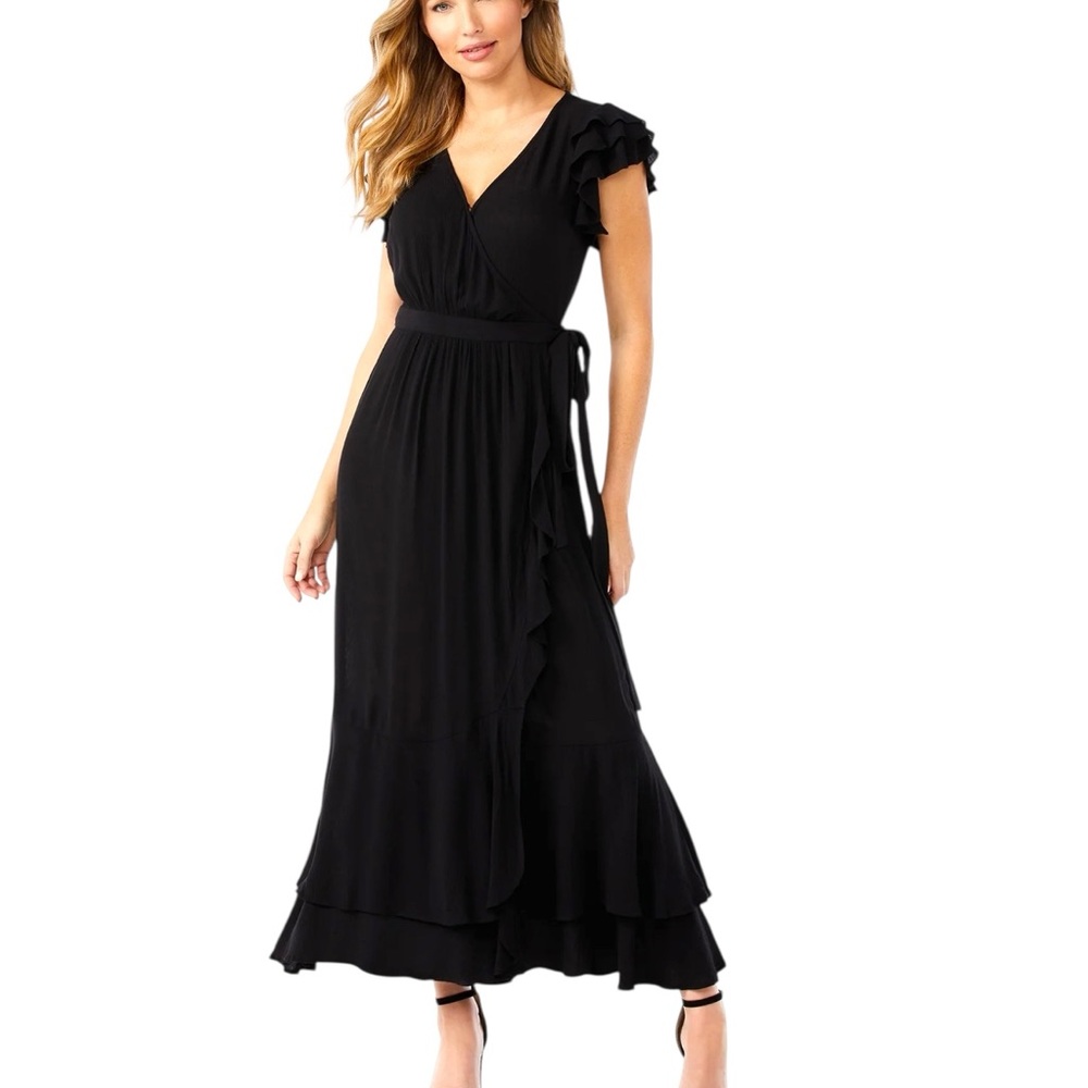 Sofia by Sofia Vergara Black Maxi Dress with Flutter Sleeves and V-Neck Medium